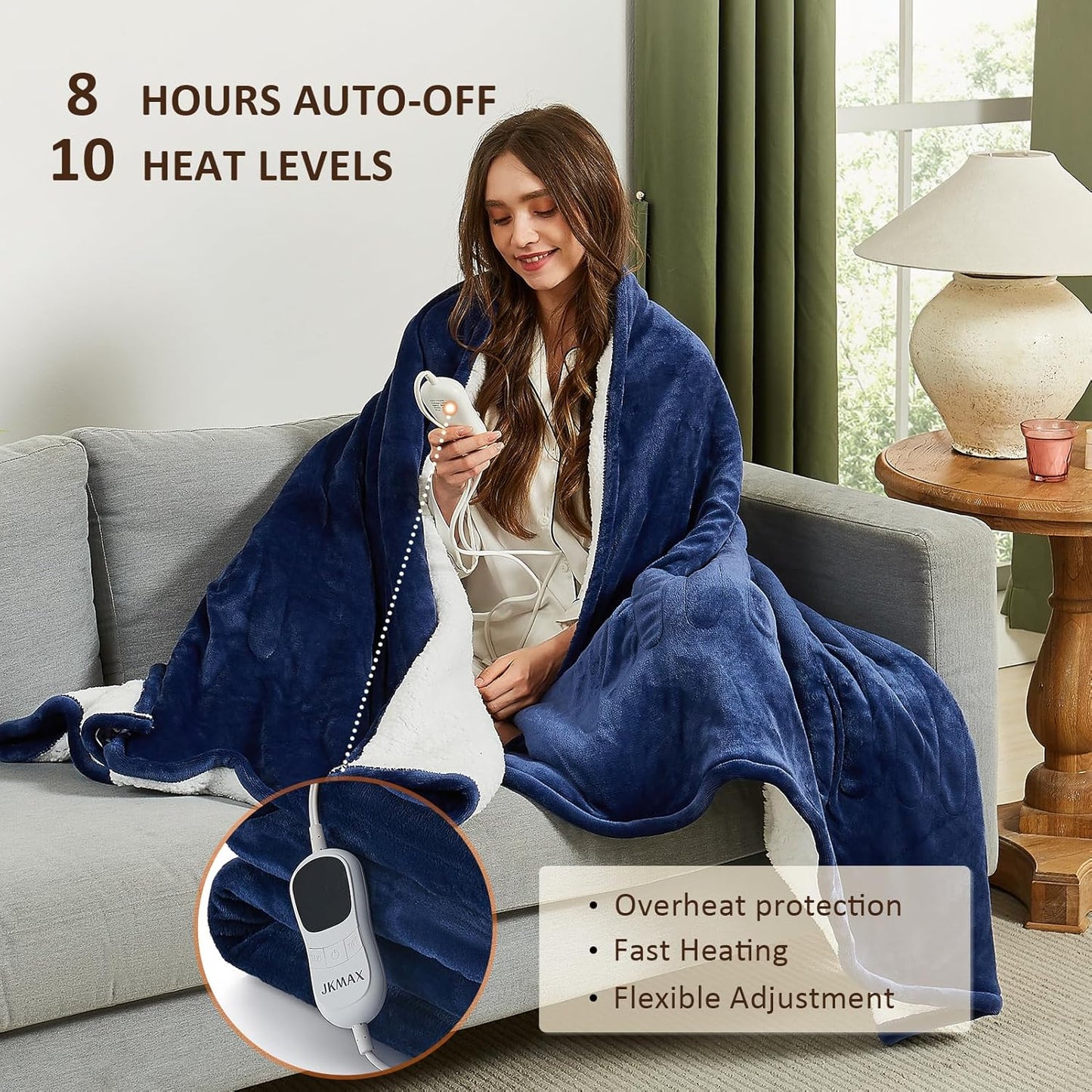 Heated Electric Blanket Twin Size - 62"x84" Flannel Heating Blanket with 10 Heating Levels & 5 Time Settings Over-Heat Protection, Winter Warmer for Adults with ETL Certification（Navy Blue）