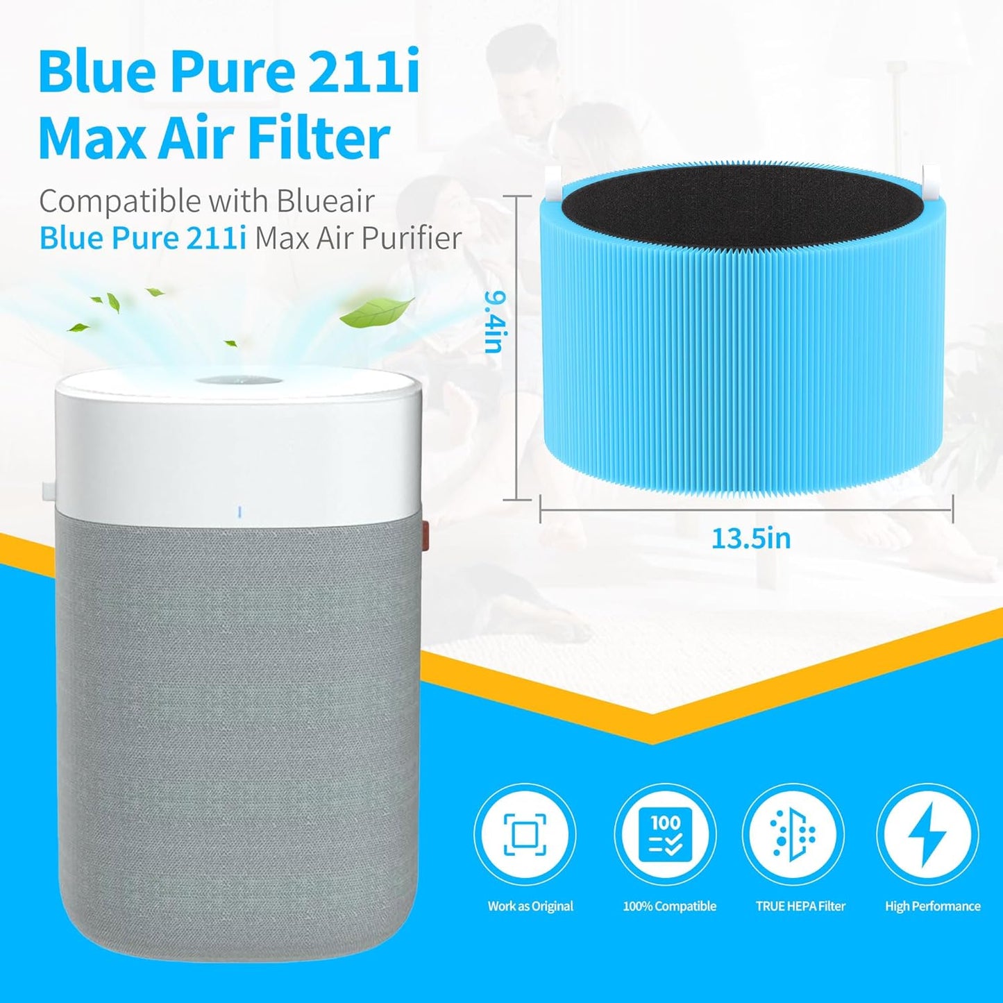 1 Pack Blue Pure 211i Max AllergenBlock Replacement Filter Compatible with Blueair Blue Pure 211i Max Air Purifier, True H13 HEPA and Activated Carbon Filter