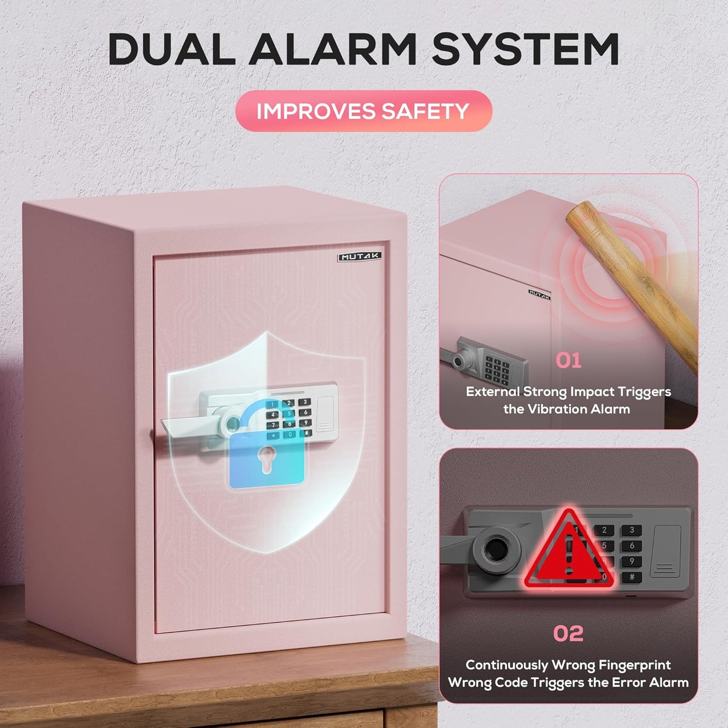 2.0 Cub Biometric Safe Box with Fireproof Bag, Quick-Access Fingerprint with Keys, Digital Keyboard, Type-C Port, Dual Alarm System Safety Box for Home, Office, Hotel Use(Pink)