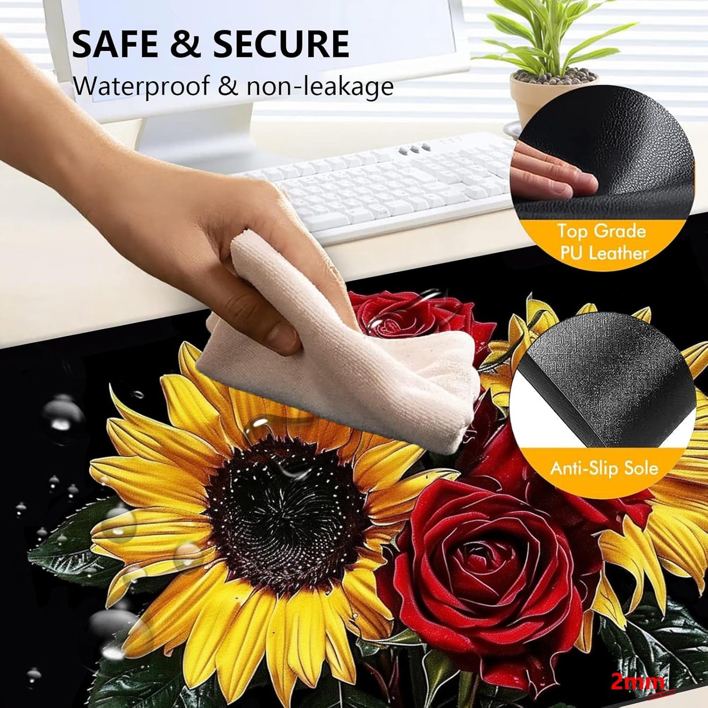 Heated Mouse Pad with 3 Levels Heated & 3 Hours Auto Shut-Off Mouse Pad for Warming Hands in Office Home, 23.6" x 14.2"Large Safe Desk Mat Hand Warmer，Rose Sunflower