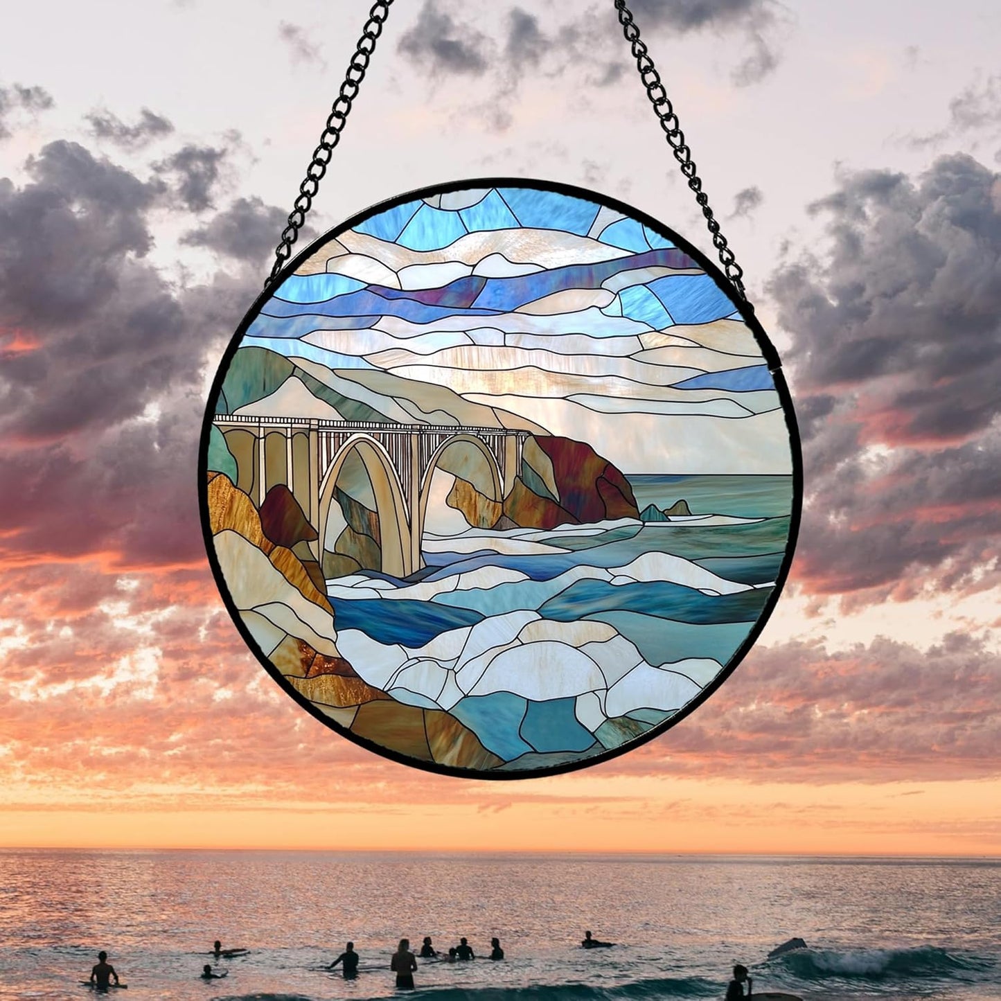 Stained Glass Window Hanging 4 Pcs Set Ocean Waves 7.8" - Blue and White Sea Suncatcher Door Garden Sun Catcher Decor Birthday Christmas for Mom Woman Nana Men