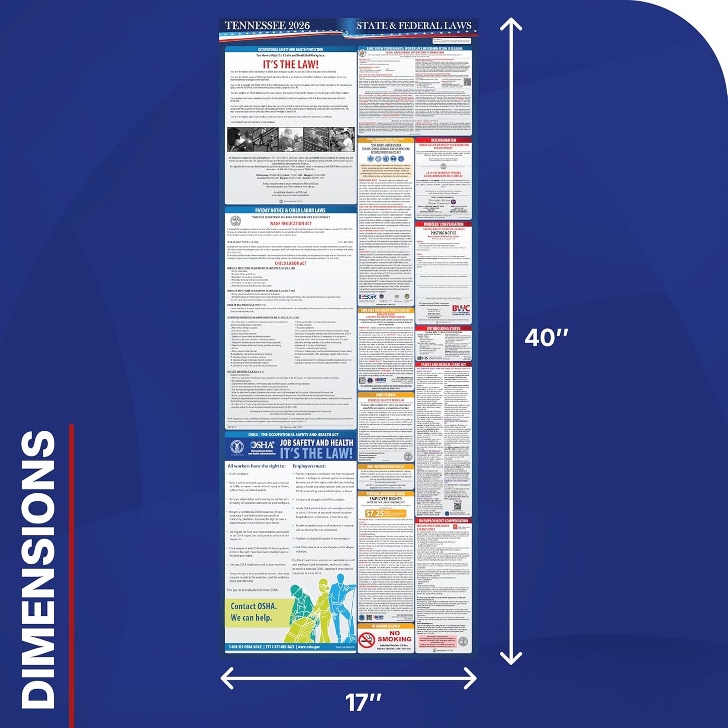2026 Tennessee State and Federal Labor Law Poster - OSHA Workplace Compliant - Mandatory Regulations Posting for Employees - All in One Required Compliance Posting 17" x 40" - Laminated