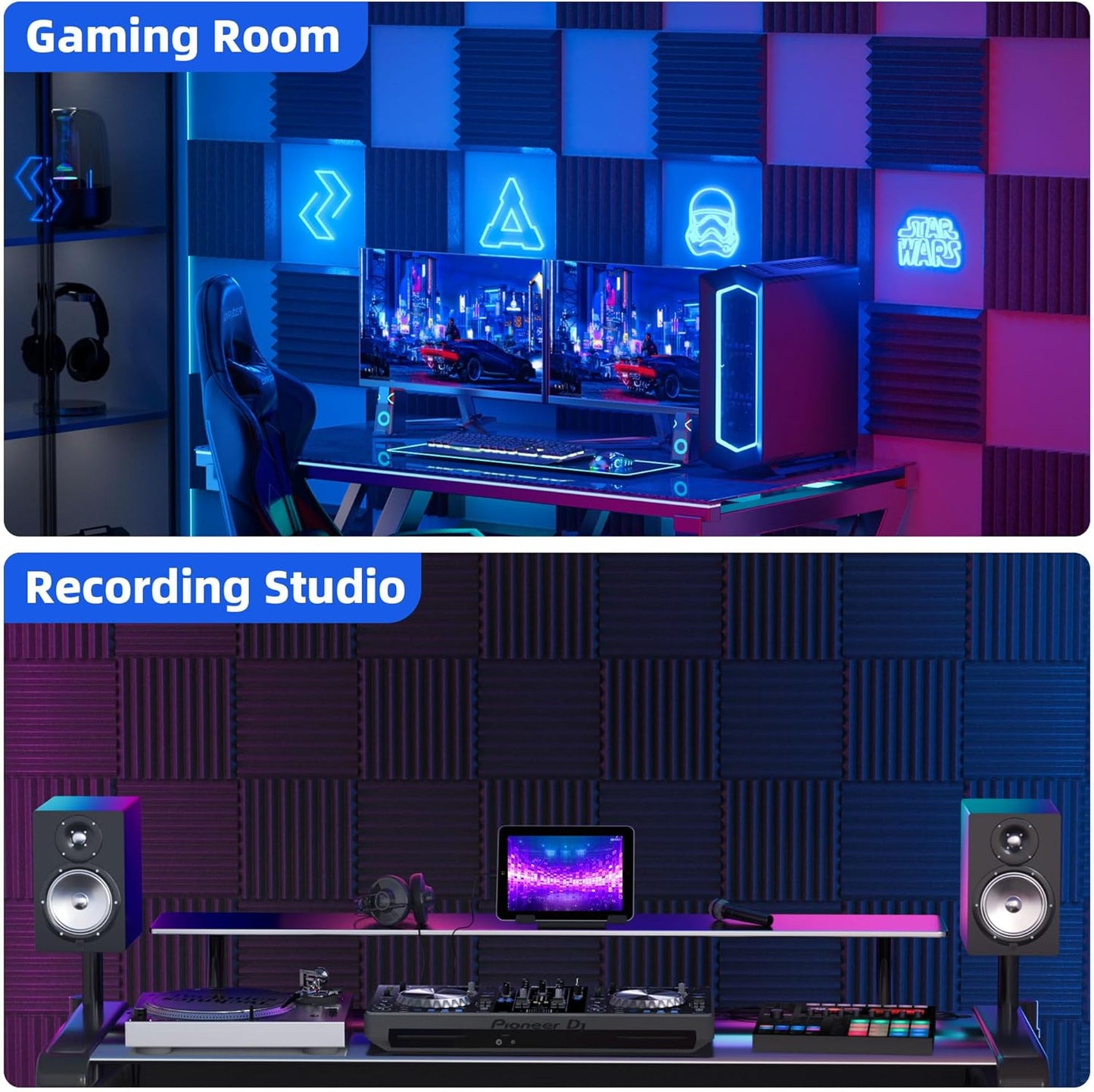 24 Pack Sound Proof Foam Panels for Wall with Self Adhesive, 3" X 12" X 12" High Density Acoustic Panels Sound Absorbing Quick-Recovery, Wedges Soundproof Wall Panels for Gaming & Studio Decor - Black