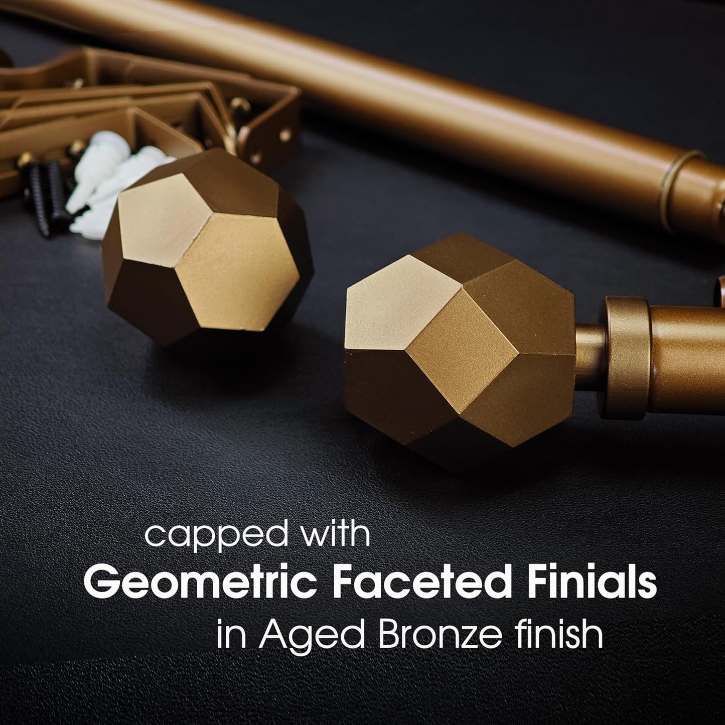 1-1/8 Inch Diameter Aged Bronze Curtain Rod with Geometric Faceted Finials, 36-72'' Telescoping Single Curtain Rods for window width 24-68 inch, 1 pack