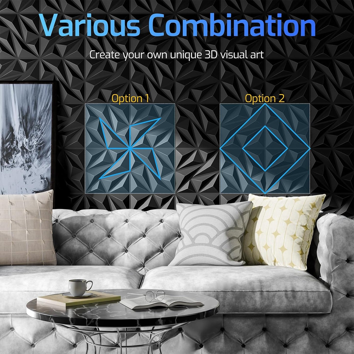 16 Pack 3D Wall Panels for Interior Wall Decor, 11.8'' x 11.8'' Decorative Wall Panels, Accent Wall Panels, 3D Diamond Design Wall Decor for Living Room, Bedroom, Gaming Room, Black