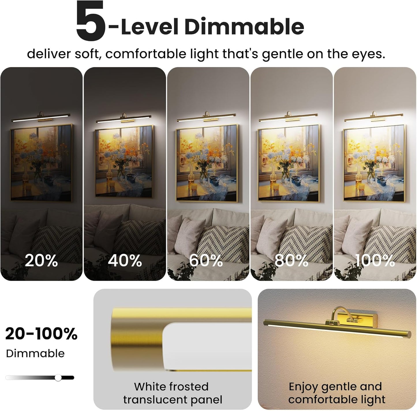 2 Pack 24" Brass Gallery Picture Lights - 8000mAh Rechargeable Battery Powered Wireless Lighting for Large Gallery, Museum & Living Room