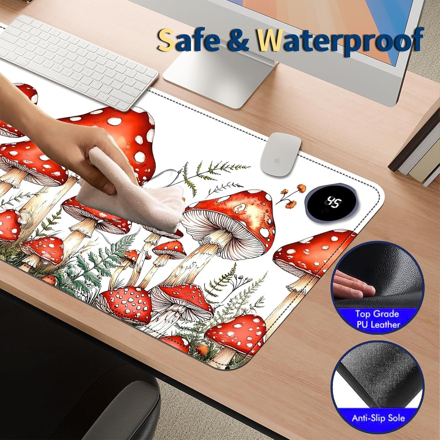Heated Mouse Pad with 3 Temperature Settings(104°F–122°F),Large 31.5x13 Inch PU Leather Heated Desk Mat,Waterproof Warming Pad for Office,Gaming & Cold Hands Relief,Red Mushroom