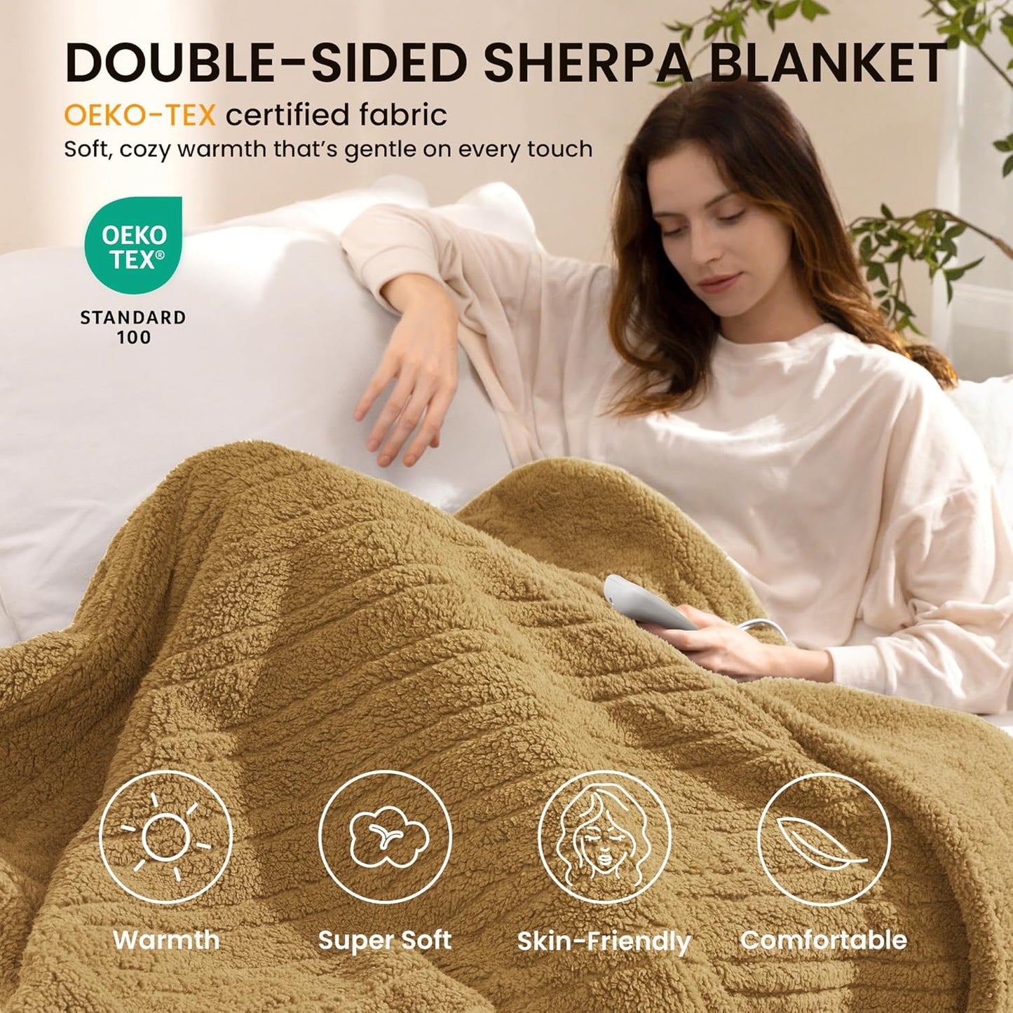 Heated Blanket Electric Blanket King - Fast Heating Blanket Throw Dual Control Double Sided Sherpa with 10 Heating Levels & 2-10 Hours Auto Off, Mashine Washable, 90 x 100 Inches, Camel