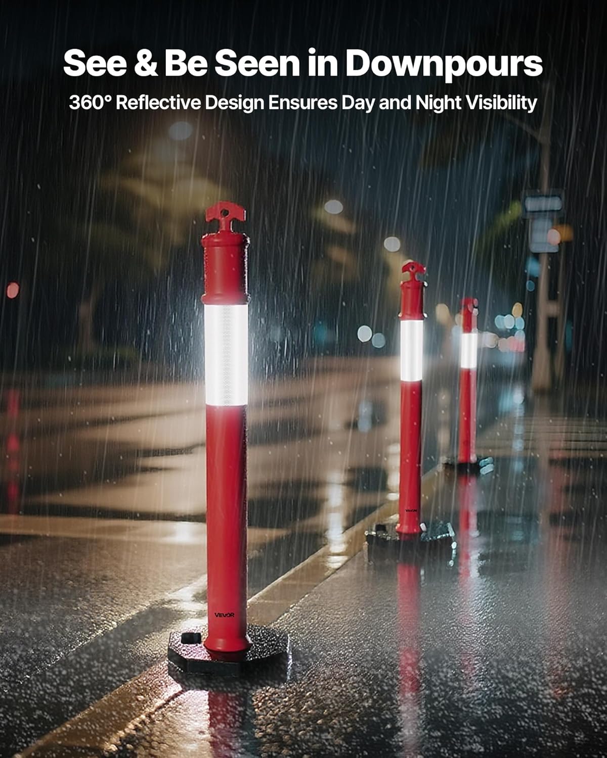 VEVOR 6 Pack Traffic Delineator Posts, 48 inches Traffic Safety Cones with Weighted Base and Reflective Strips, Heavy Duty Delineator Posts for Construction Site, Parking Lot, Crowd Control, Red