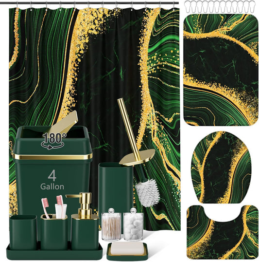25PCS Bathroom Accessory Set, Dark Green Bathroom Set with Large-Capacity 4 Gallon Trash Can,Bathroom Rugs Set, Waterproof Shower Curtain, Toilet Brush, Toothbrush Holder & Soap Dispenser