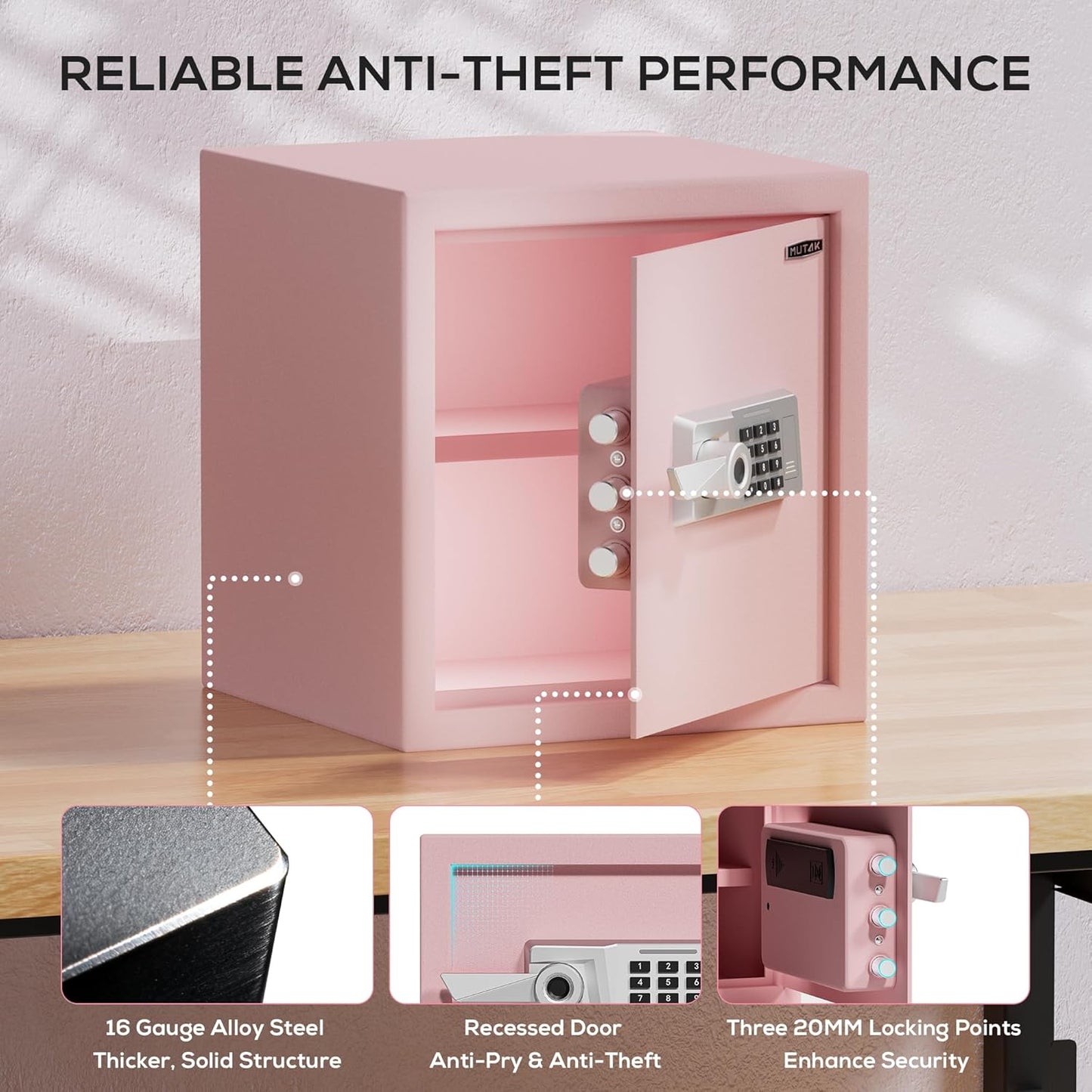 1.5 Cub Biometric Safe Box with Fireproof Bag, Quick-Access Fingerprint with Keys, Digital Keyboard, Type-C Port, Dual Alarm System Safety Box for Home, Office, Hotel Use(Pink)