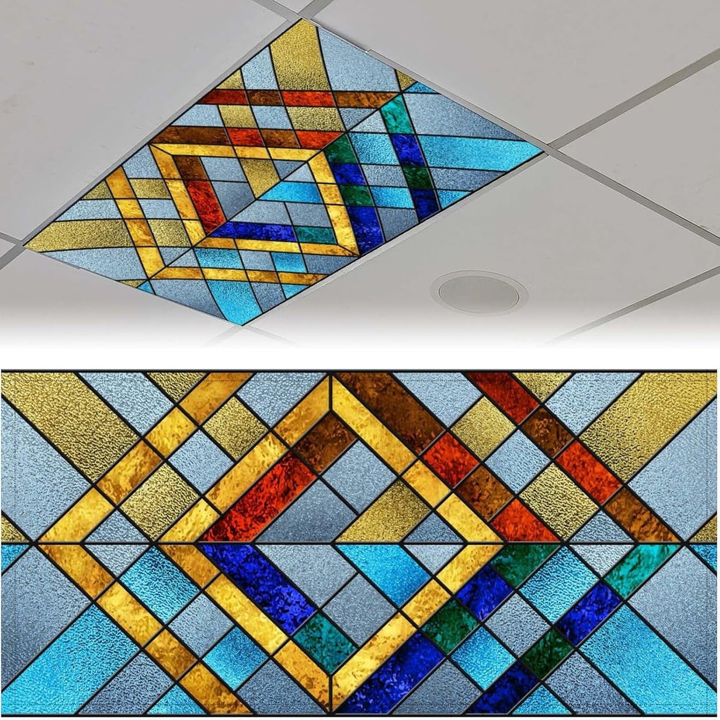 2PCS Fluorescent Light Cover for Ceiling Light Classroom-Stained Glass Patten Magnetic Light Cover Shade Panel,Decorative Film Filter for Reducing Harsh Glare Flicker Home School Office Decorations