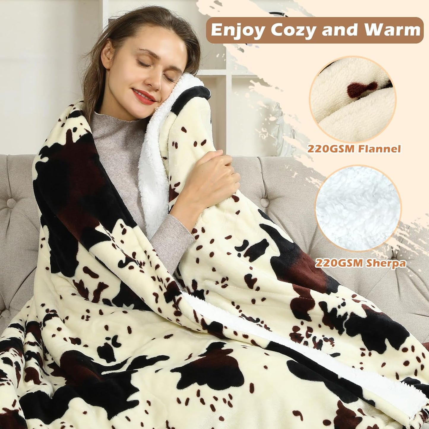 Heated Twin Blanket, 60"x80" Cow Print Electric Twin Heating Blanket, Cozy Soft Flannel Sherpa Heating Blankets with 9 Heat Levels & 2/4/8/12H Auto-Off