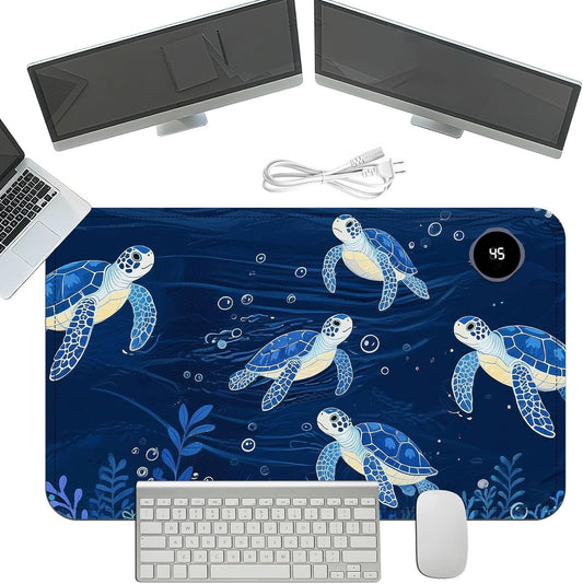Heated Mouse Pad with 3 Temperature Settings(104°F–122°F),Large 24x14.2 Inch PU Leather Heated Desk Mat,Waterproof Warming Pad for Office,Gaming & Cold Hands Relief,Blue Sea Turtle