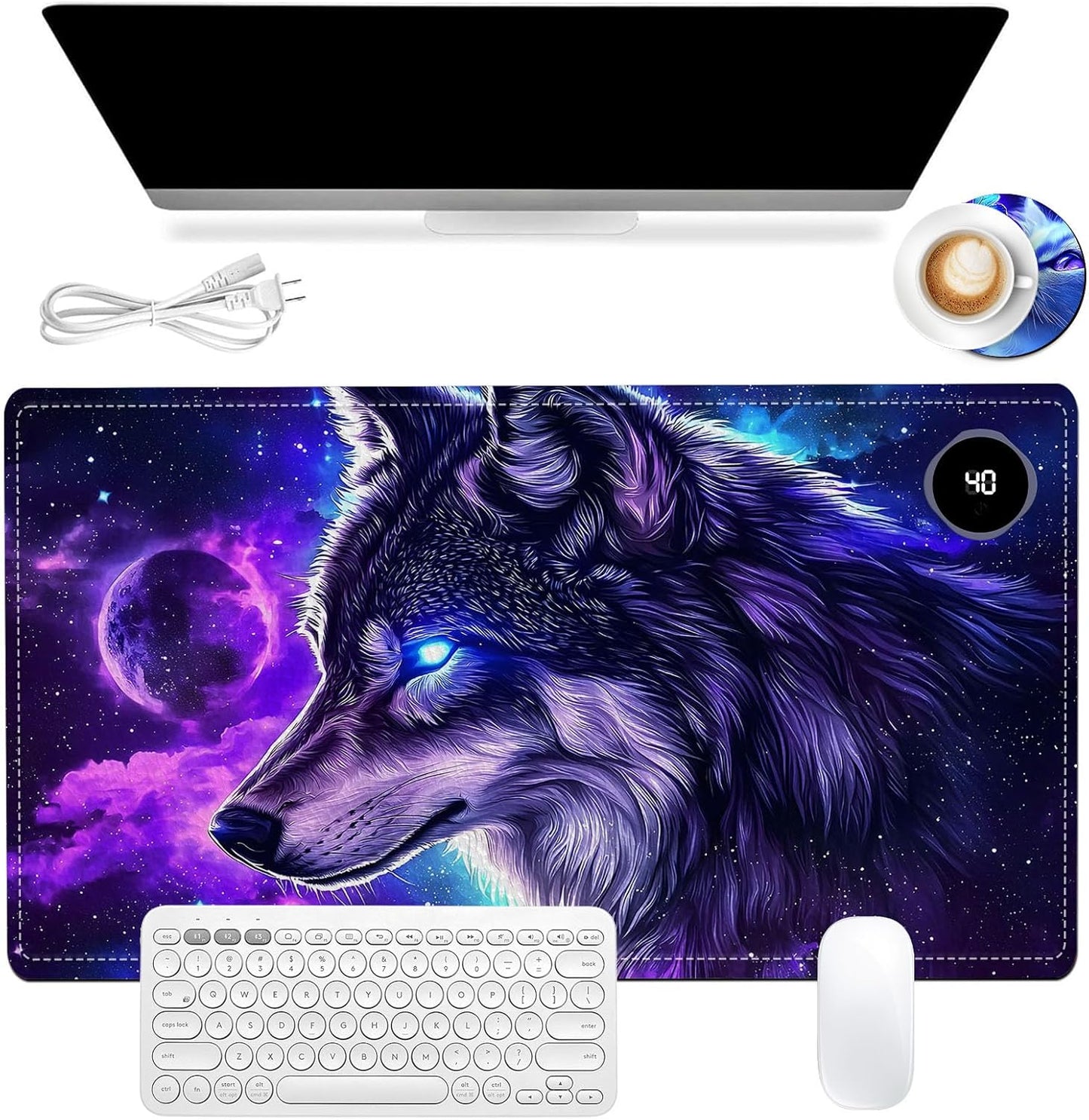Heated Mouse Pad, Warm Desk Pad, Keyboard Mat 23.6 x 14 Inch Large Size Intelligent Fast Heating, 3 Speed Adjustable, Timed Auto Power Off for Game Office Home, Galaxy Wolf