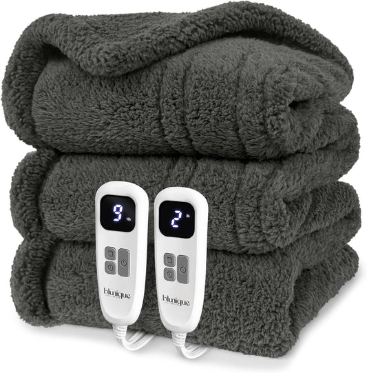 Heated Blanket Electric Blanket Queen - Fast Heating Blanket Throw Dual Control Double Sided Sherpa with 10 Heating Levels & 2-10 Hours Auto Off, Mashine Washable, 84 x 90 Inches, Grey