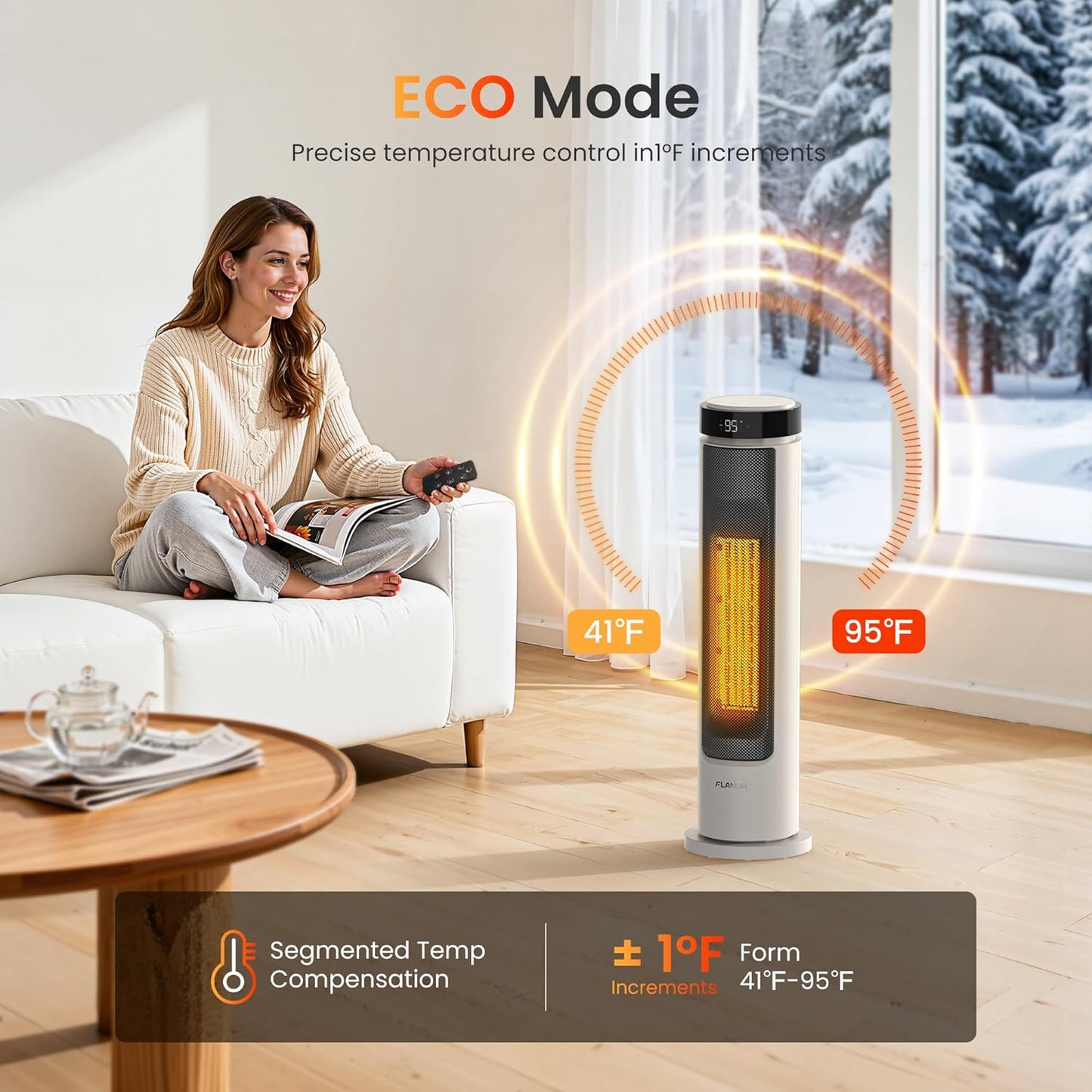 1500W Tower Indoor Space Heater for Home with Programmable Thermostat, 12H Timer & Remote Control, Oscillation and ECO Mode, Electric Heaters for Office, Bedroom, Home (Ivory)