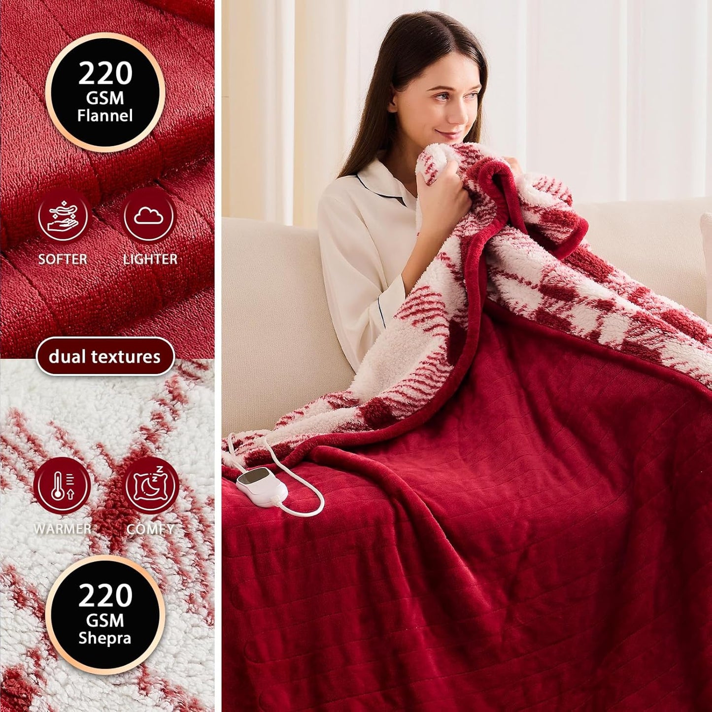 Heated Electric Blanket Full Size - 72"x84" Flannel Heating Blanket with 10 Heating Levels & 5 Time Settings Over-Heat Protection, Winter Warmer for Adults with ETL Certification（Red）