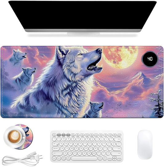 Heated Mouse Pad, Warm Desk Pad, Keyboard Mat 31.5 x 13 Inch Large Size Intelligent Fast Heating, 3 Speed Adjustable, Timed Auto Power Off for Game Office Home,Wolf Howling Under The Moon