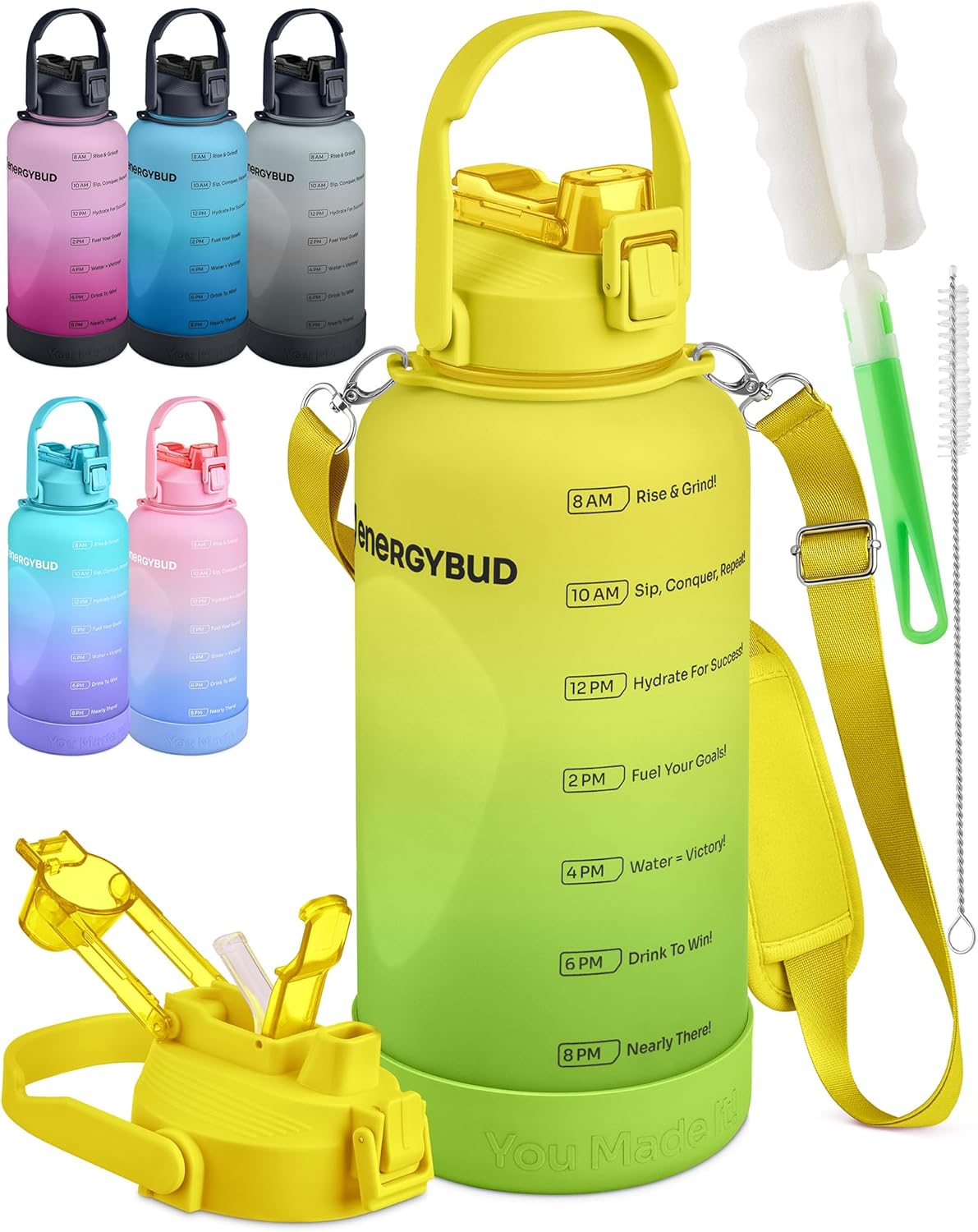 1/2 Gallon Water Bottle with 74.3 oz Capacity - Motivational Time Markers for Daily Hydration Goals - Leakproof BPA Free Tritan with Removable Straw