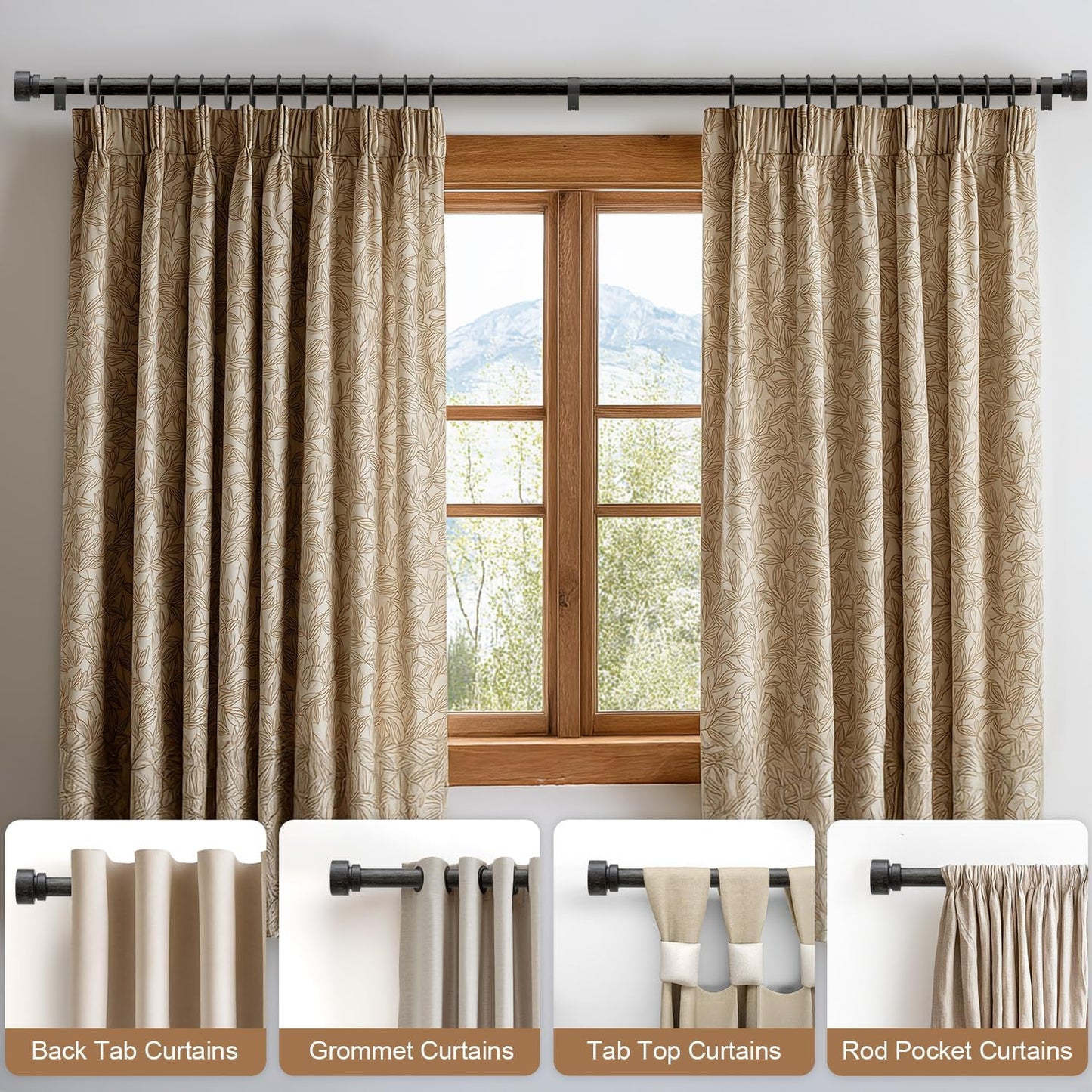 2 Pack Black walnut wood Grain Curtain Rods for Windows 48 to 84 Inches 1" Diameter Heavy Duty Window Curtain Rod Adjustable with Solid Finials for Living Room Bedroom Kitchen Farmhouse Outdoor