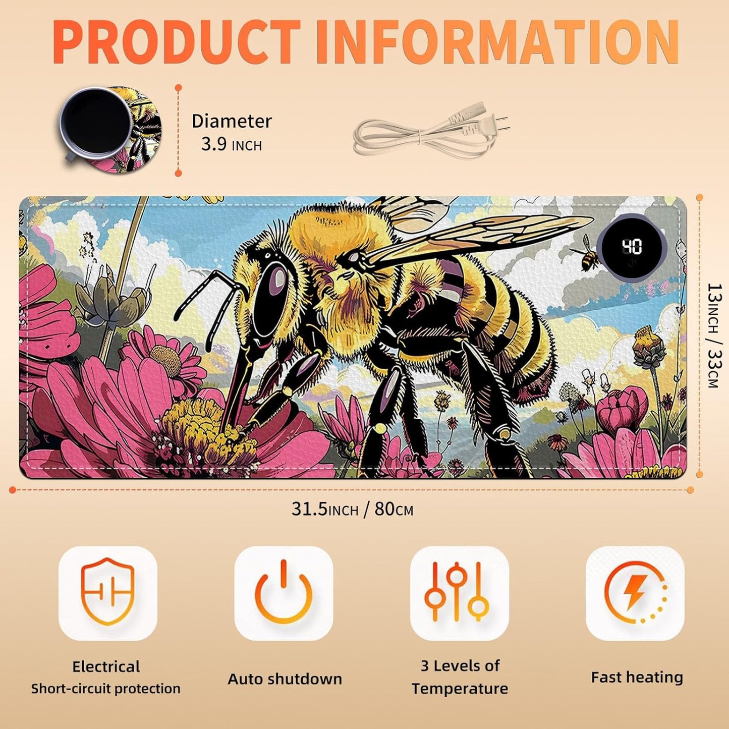 Heated Mouse Pad, Warm Desk Pad, Keyboard Mat 31.5 x 13 Inch Large Size Intelligent Fast Heating, 3 Speed Adjustable, Timed Auto Power Off for Game Office Home,Bees Collect Honey