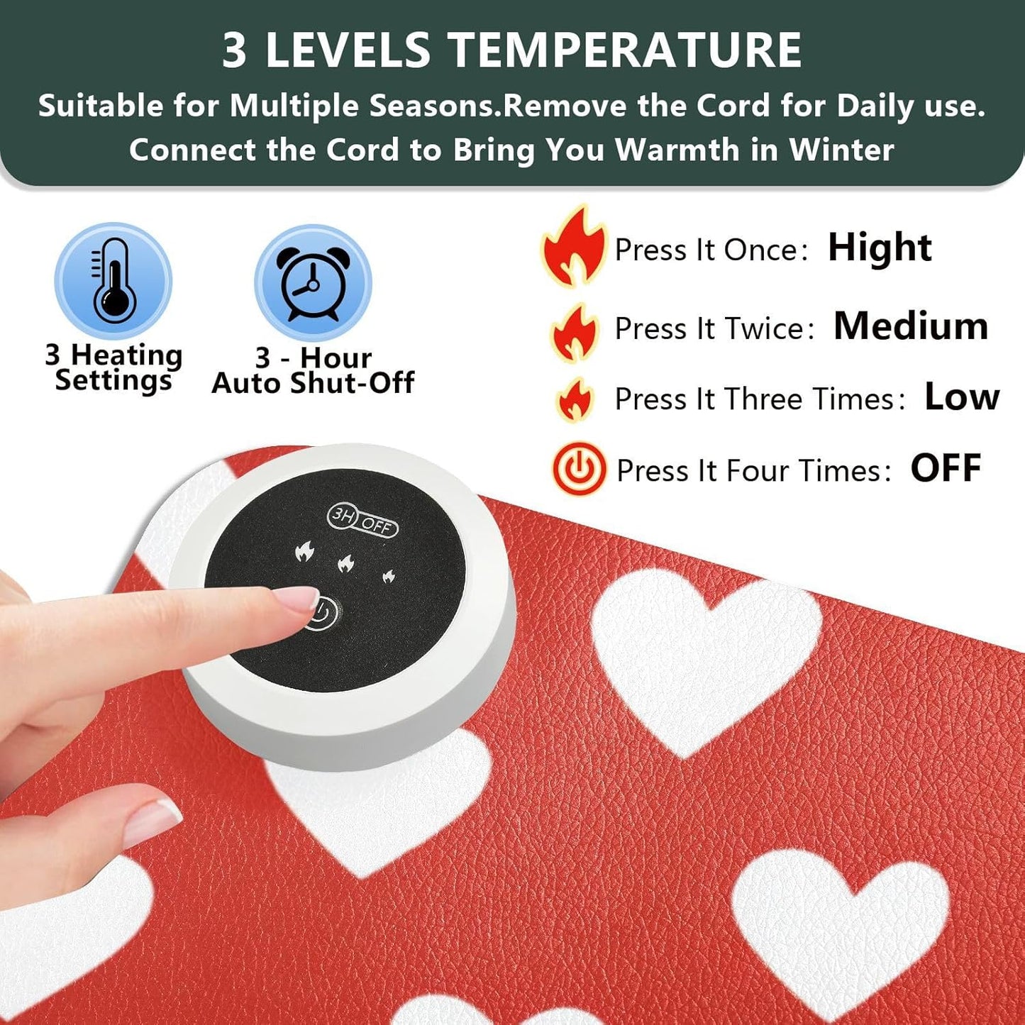 Heated Desk Pad Mouse Pad 31.5x13 Inch PU Leather Desk Mat with 3 Heat Levels Large Mouse Gaming Computer Laptop Mat Red Heart Valentine