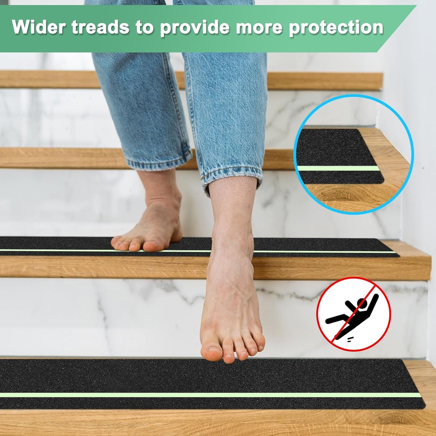10-Pack Anti Slip Traction Tape 24" x 6" Best Grip Tape Grit with 12mm/0.47" Glow in Dark Stripe High Traction Friction Abrasive Adhesive for Indoor/Outdoor Stairs[Black+Green]
