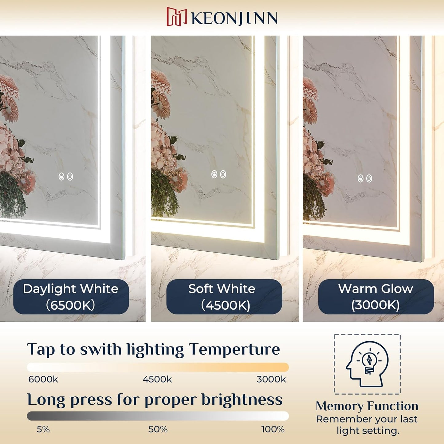 Keonjinn 55" x 36" LED Mirror, Frontlit & Backlit Bathroom Mirror, Oversized, Tempered Glass, Energy-Saving, Anti-Fog, Warm/Neutral/White Lights, Stepless Dimmable, UL-Listed LED Driver
