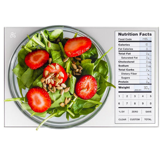 Greater Goods Food Scale with Nutrition Calculator, Non Connected Calorie Scale for Meal Prep, Weight Loss, 2000 Pre-Loaded Food Codes, Compact Kitchen Scale, Battery Operated, 11lb Capacity, Silver
