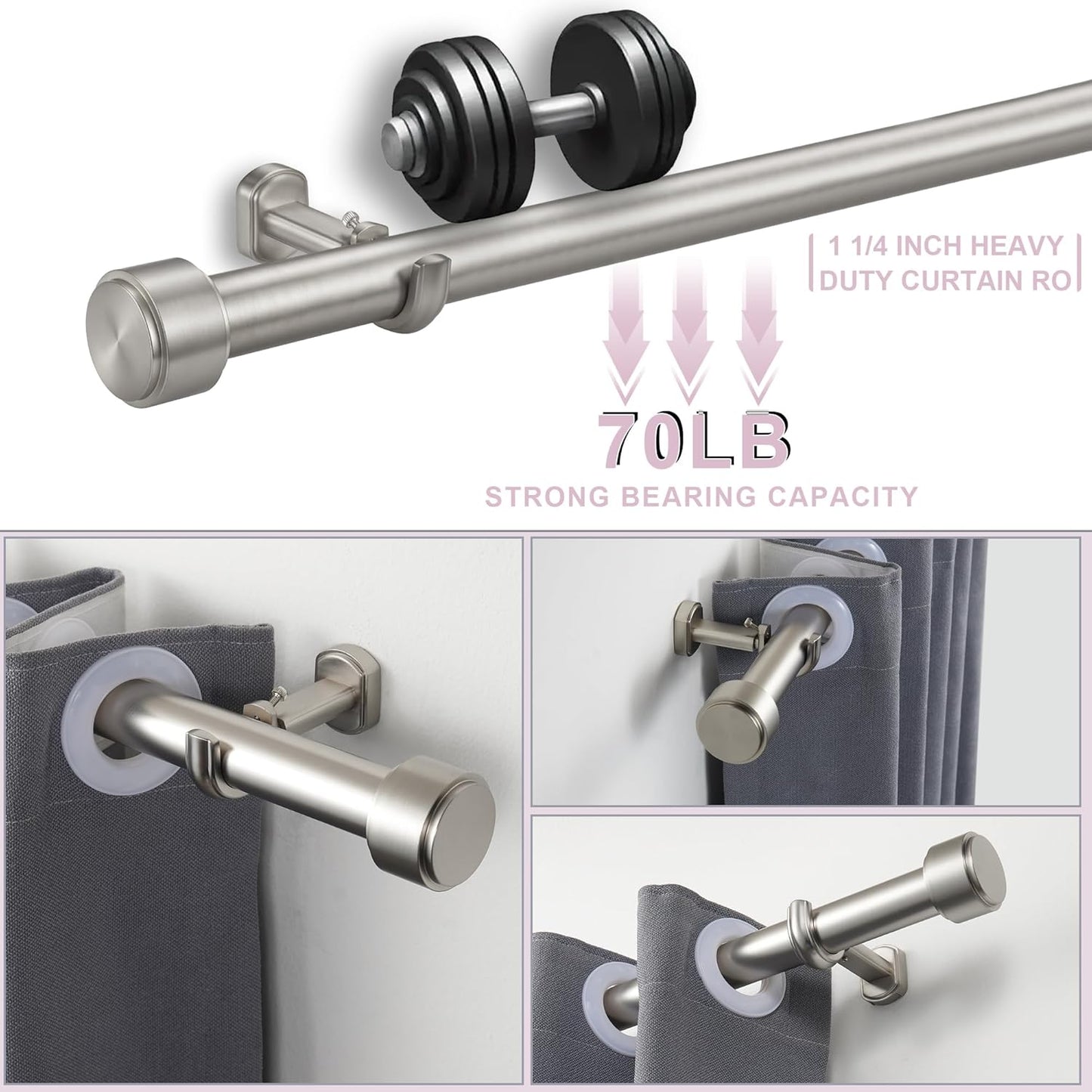 Heavy Duty Curtain Rods,1 1/4" Large Diameter Premium Nonadjustable Curtain Rod,72in/6ft Custom Window Treatment Rods with Durable Aluminum Brackets and End Caps,Brushed Nickel Finish