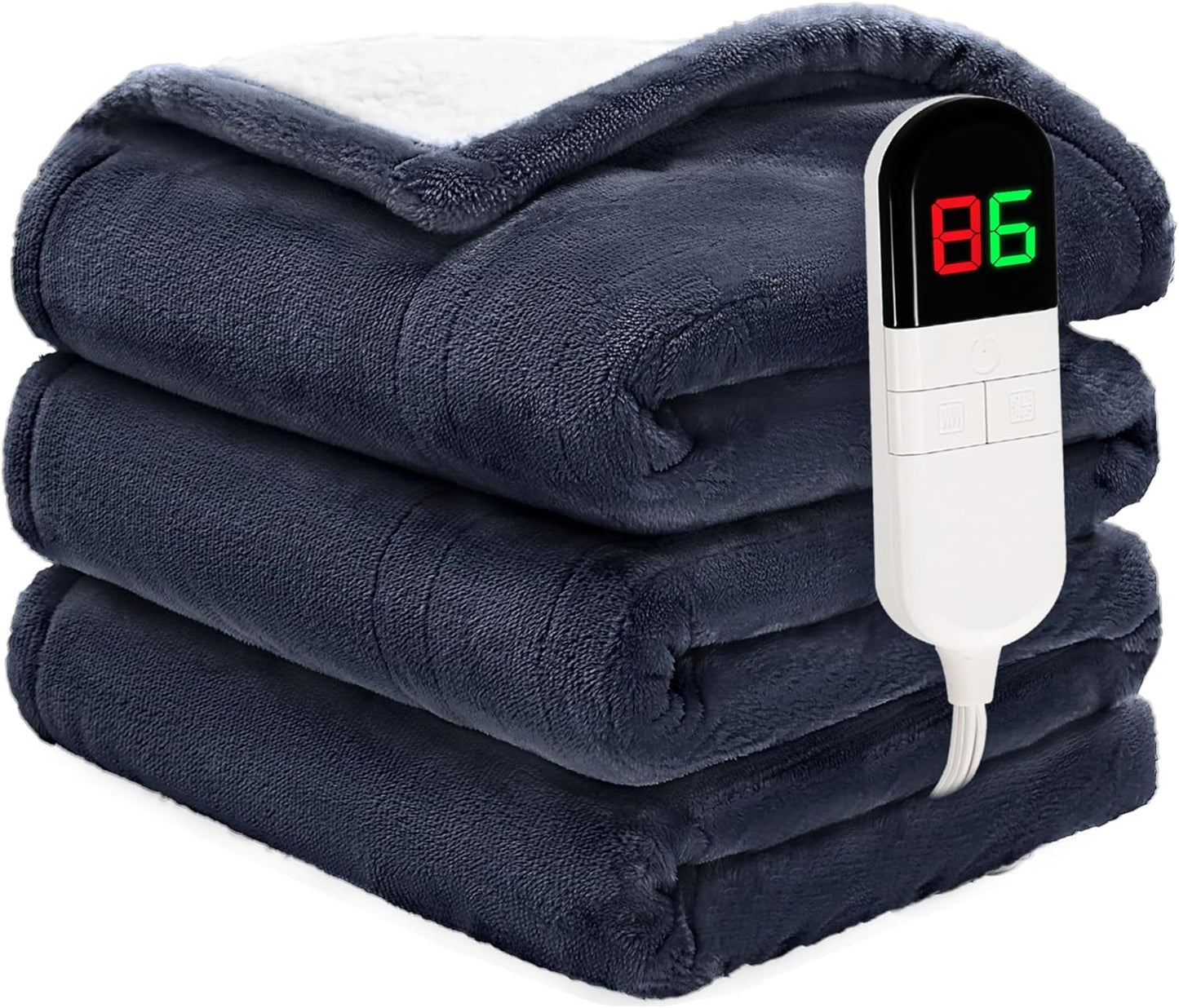 Heated Blanket Twin 62"×84" - Premium Cosy Soft Electric Blanket with 6 Heating Levels,Fast Heating Flannel Sherpa Machine Washable Blanket for Bed & Couch - Auto Shut Off(Navy Blue)