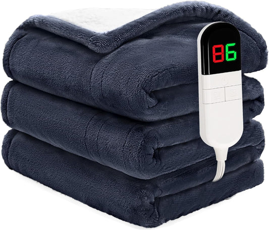 Heated Blanket Twin 62"×84" - Premium Cosy Soft Electric Blanket with 6 Heating Levels,Fast Heating Flannel Sherpa Machine Washable Blanket for Bed & Couch - Auto Shut Off(Navy Blue)