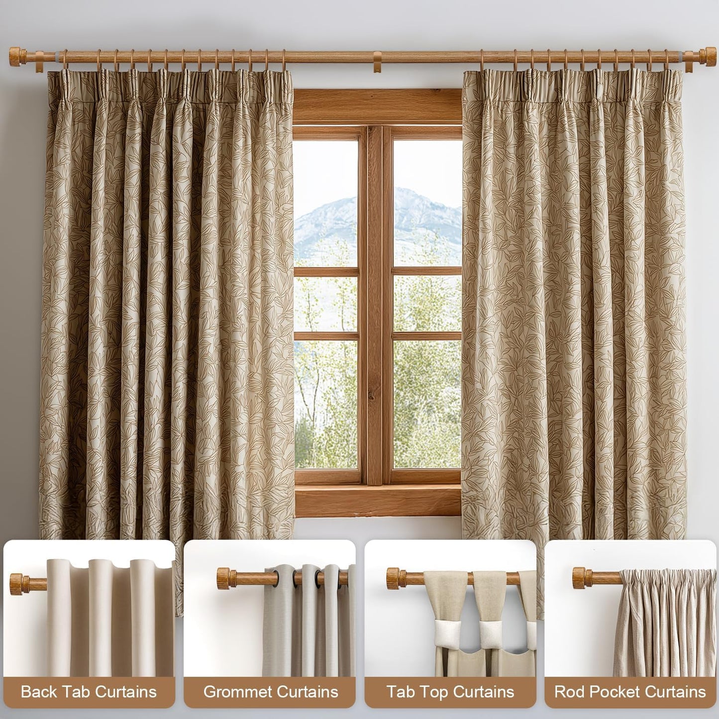 2 Pack Wood Curtain Rods for Windows 48 to 84 Inches 1" Diameter Boho Decorative Heavy Duty Window Curtain Rod Set Adjustable with Solid Imitation Wood Grain Finials for Living Room Bedroom Kitchen