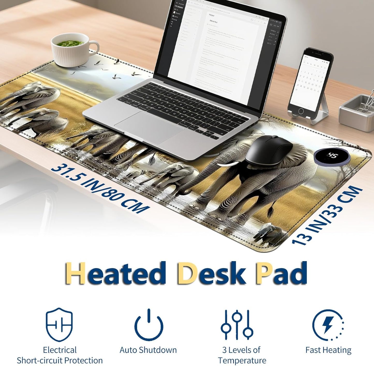 Heated Mouse Pad with 3 Temperature Settings(104°F–122°F),Large 31.5x13 Inch PU Leather Heated Desk Mat,Waterproof Warming Pad for Office,Gaming & Cold Hands Relief,Elephant Herd