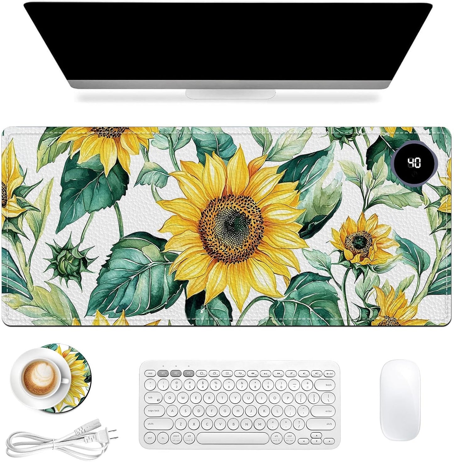 Heated Mouse Pad, Warm Desk Pad, Keyboard Mat 31.5 x 13 Inch Large Size Intelligent Fast Heating, 3 Speed Adjustable, Timed Auto Power Off for Game Office Home,Blooming Sunflowers