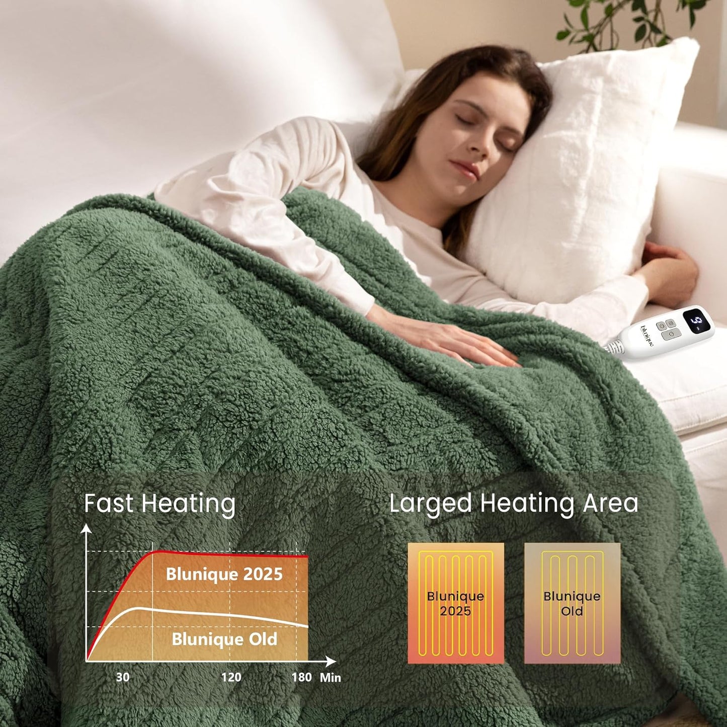 Heated Blanket Electric Blanket Queen - Fast Heating Blanket Throw Dual Control Double Sided Sherpa with 10 Heating Levels & 2-10 Hours Auto Off, Mashine Washable, 84 x 90 Inches, Green
