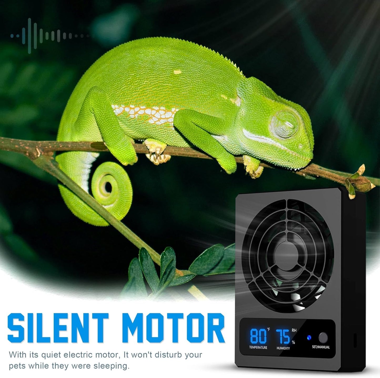 2PCS Reptile Ventilation Fan with Humidity Sensor and High-Temp Alarm, Fan Dehumidifier for Reptile Enclosure and Terrarium