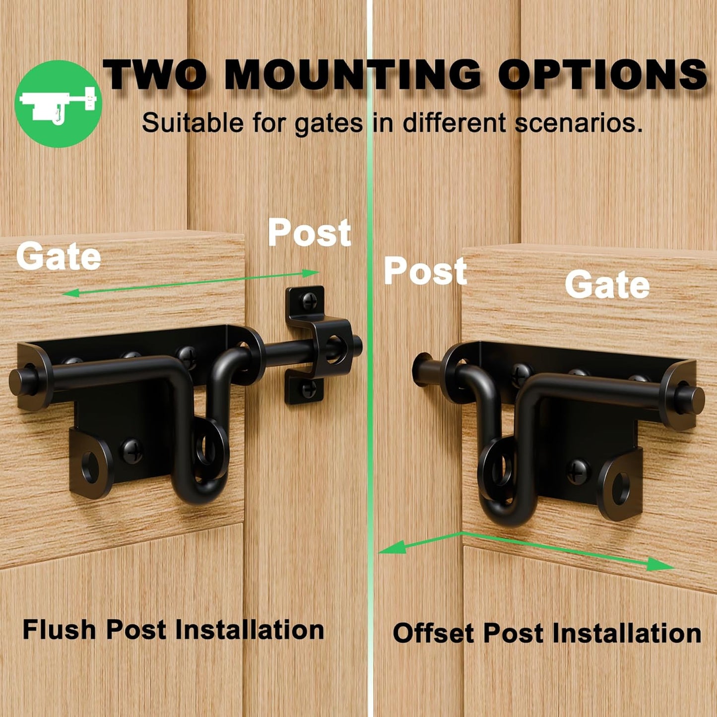 Heavy Duty Slide Bolt Gate Latch for Wooden Fence, 2 Way Barn Door Latch with Padlock Hole, Offset and Flush Mounted Gate Latch for Outdoor Gates/Yard Fence/Shed Door, Black, 1 Pack