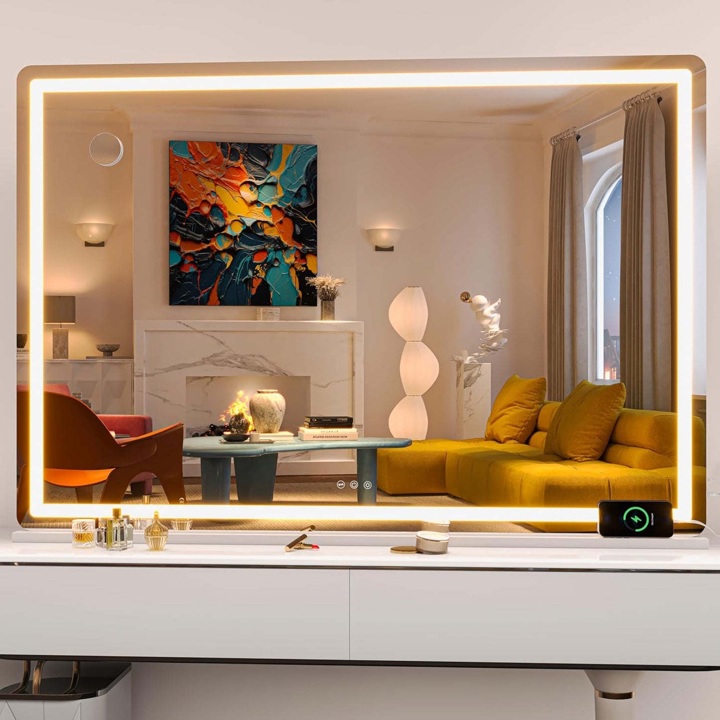 Hasipu Vanity Mirror with Lights, 55.1" x 36" LED Makeup Mirror, Lighted Makeup Mirror with Dimmable 3 Modes, Touch Screen Control Vanity Mirror Round White