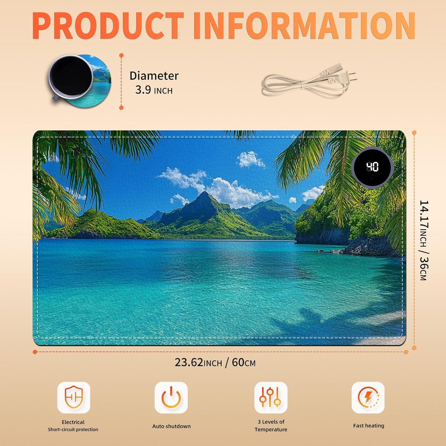 Heated Mouse Pad 23.6 x 14 in 3-Temp Fast Heating Desk Mat with Auto Timer Warmer for Hands Wrist Pain Relief Waterproof Keyboard Mat for Office, Gaming, Home, Tropical Paradise Beach