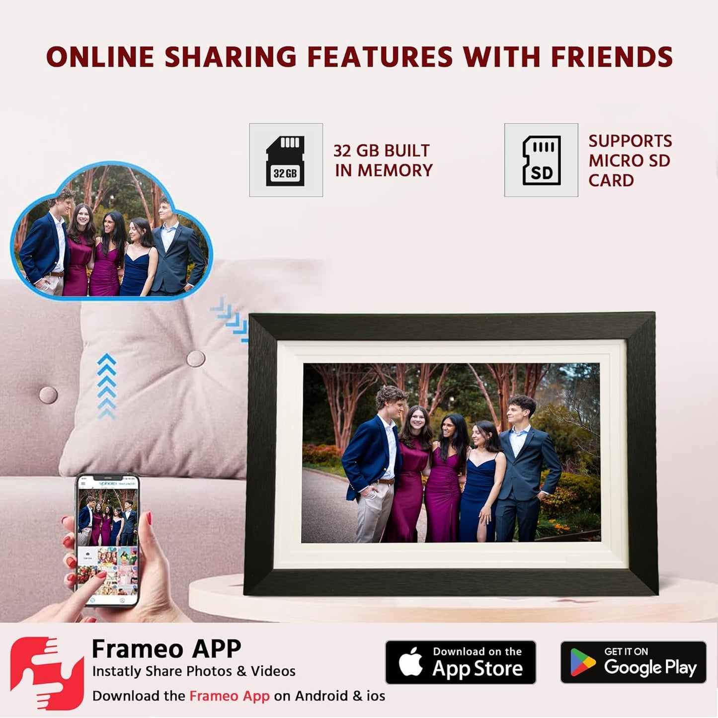10.1” Frameo WiFi Smart Digital Photo Frame, 32GB with HD IPS Touchscreen, Auto-Rotate, Easy Photo & Video Sharing via Frameo App, Wall Mountable Electronic Gift for Family & Grandparents