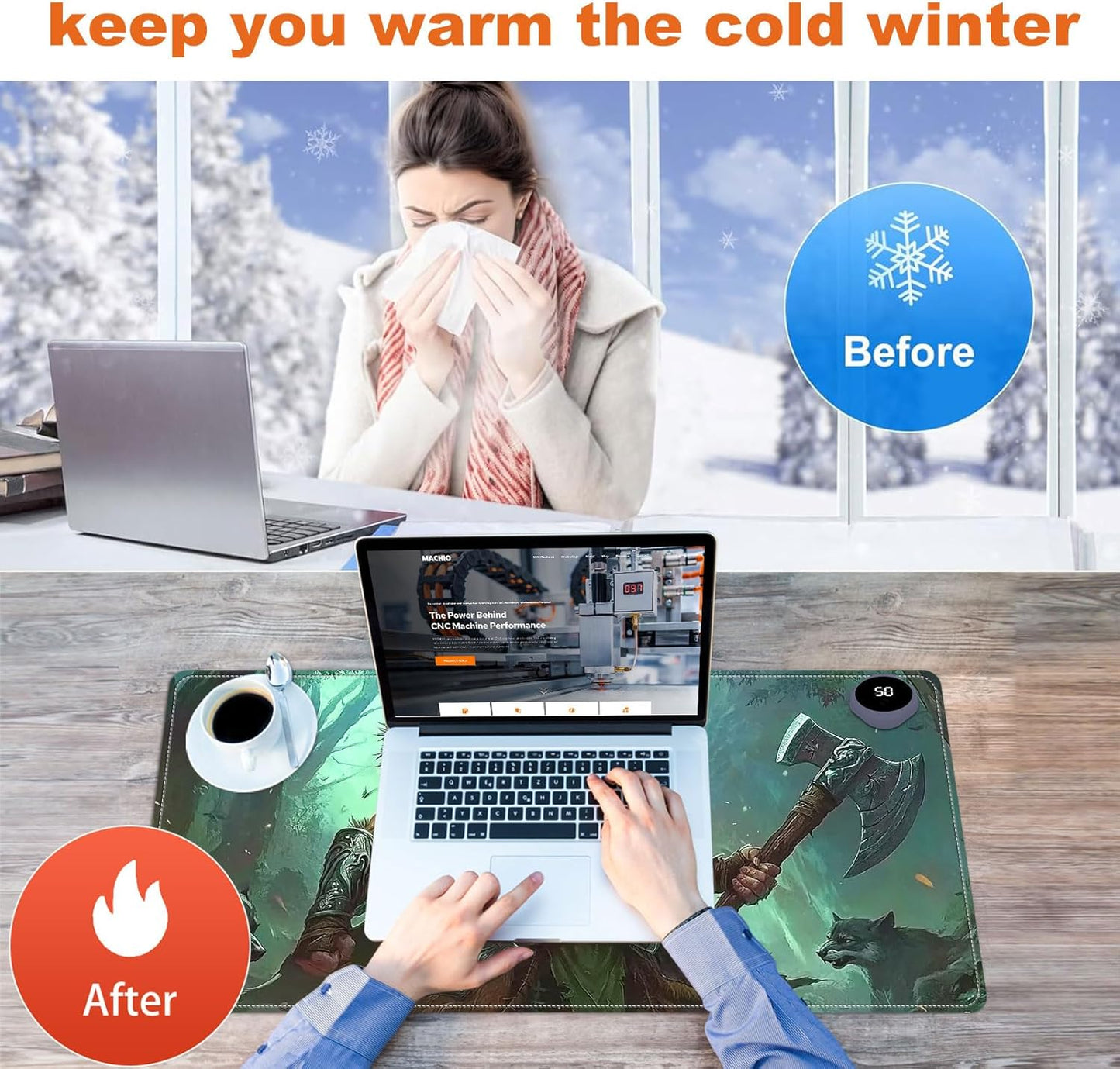 Heated Mouse Pad for Desk 31.5" x 13" – PU Leather Warm Desk Pad with 3 Heat Levels (104°F/113°F/122°F), Plug-in Electric Heating Mat with Auto Shut-Off, Waterproof & Rollable, Wild Hunter