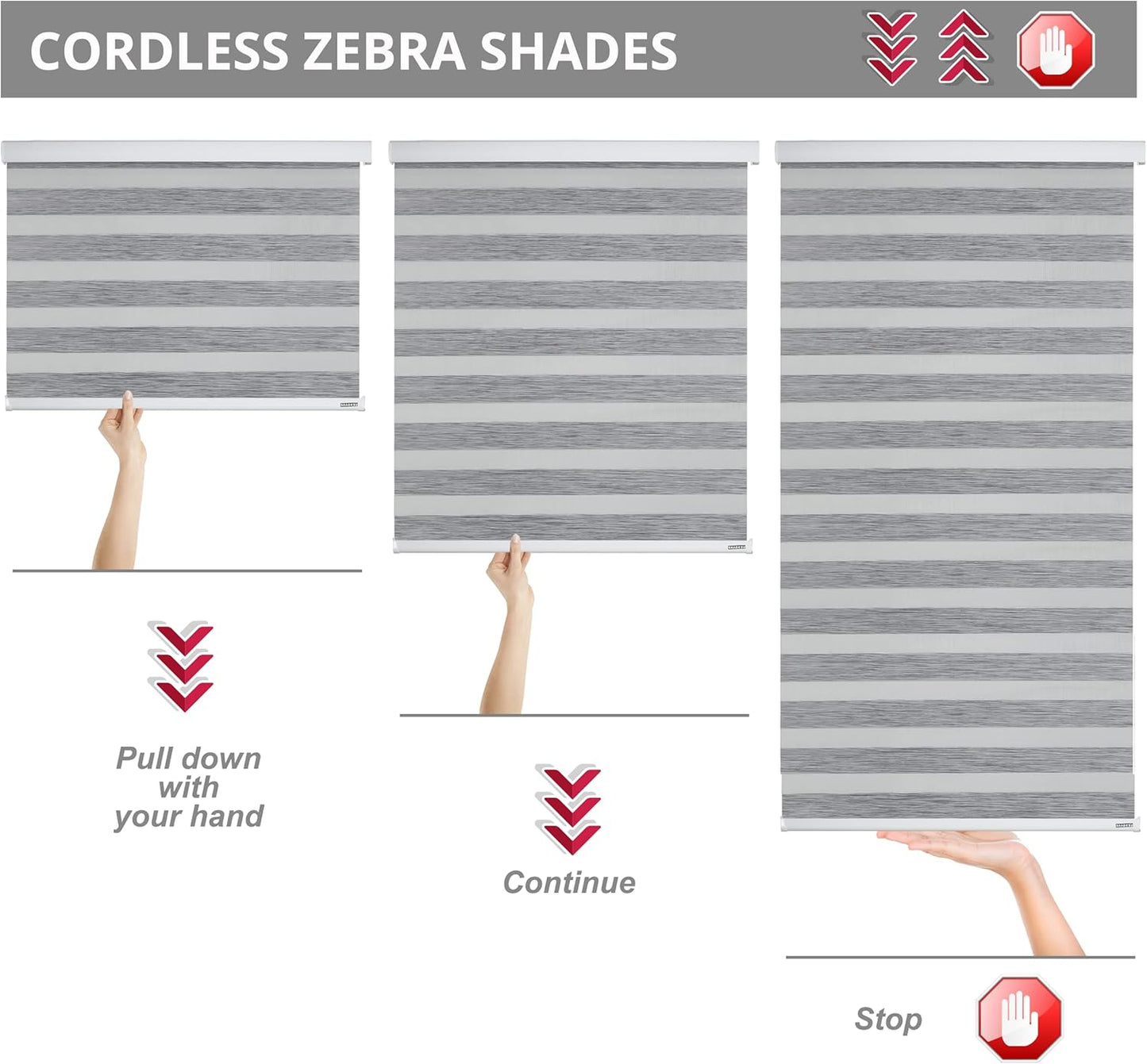 Shadesu Cordless Zebra Blinds for Windows, 69" W x 72" H, Grey, Dual Layer Free-Stop Zebra Shades, Light Control for Day and Night, Sheer Blinds for Indoor Windows, Bedroom, Kitchen
