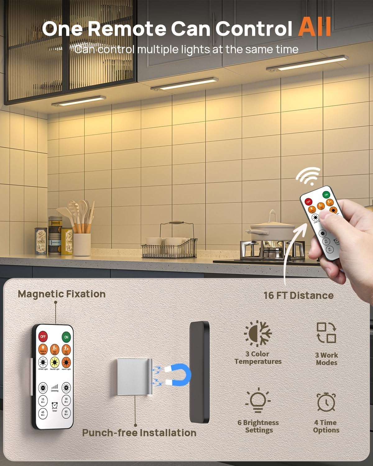 16in Under Cabinet Lighting Wireless, 160 LED Motion Sensor Light Indoor, Rechargeable Closet Lights with Remote Control, 3 Color Temps Under Counter Lights for Kitchen, Pantry, Stair, 5 Pack
