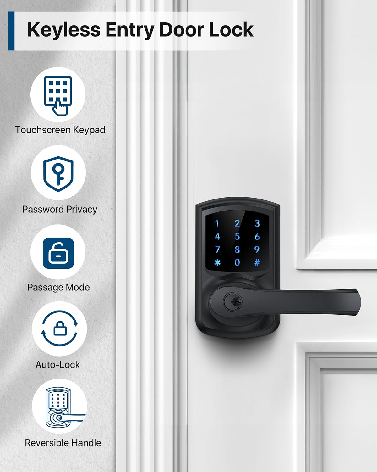HIDALIFE Keyless Entry Door Lock with Keypad and Handle for Front Doors, Touchscreen Electronic Door Lock, Anti-peep Password, Auto-Locking, Matte Black