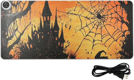 Heated Desk Pad Mouse Pad 31.5x13 Inch PU Leather Desk Mat with 3 Heat Levels Large Mouse Gaming Computer Laptop Mat Orange Witch Castle Halloween