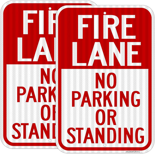 2 Pack- Fire Lane No Parking Or Standing Sign, 18" x 12" Heavy-Duty Aluminum Fire Lane Sign, UV Protected, Reflective, Weather Resistant, Waterproof, Durable Ink, Easy to Mount
