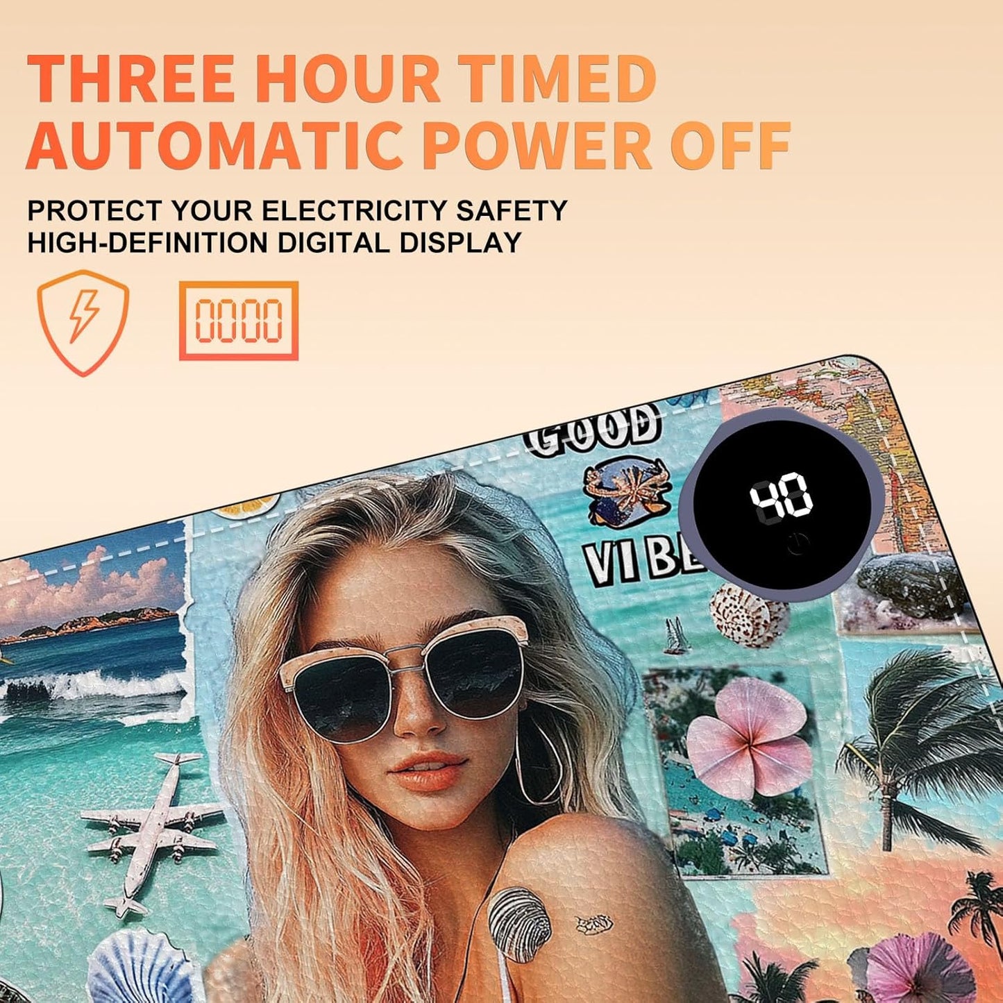 Heated Mouse Pad 23.6 x 14 in 3-Temp Fast Heating Desk Mat with Auto Timer Warmer for Hands Wrist Pain Relief Waterproof Keyboard Mat for Office, Gaming, Home, Beach Vibes Beauty