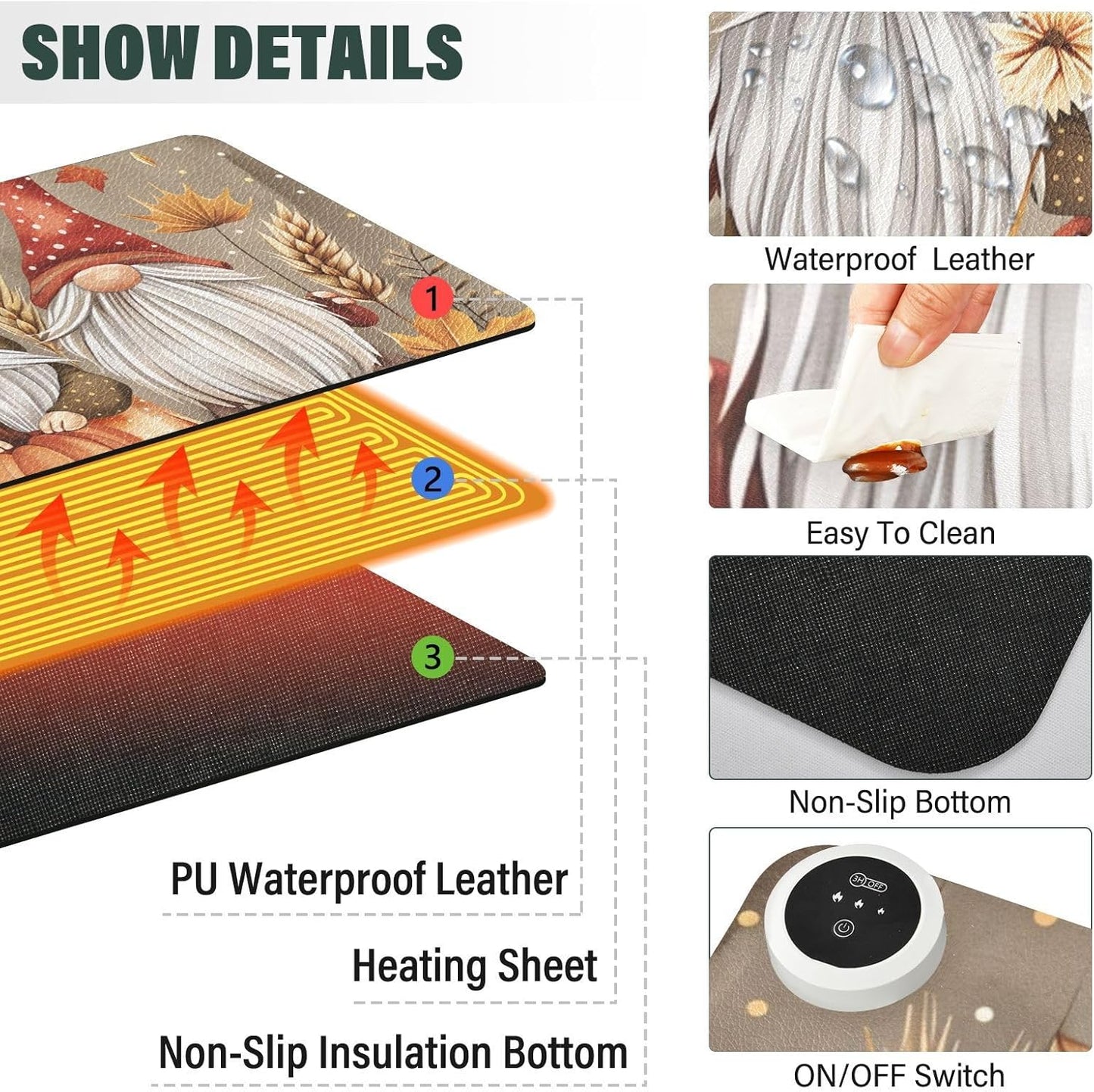 Heated Desk Pad Mouse Pad 31.5x13 Inch PU Leather Desk Mat with 3 Heat Levels Large Mouse Gaming Computer Laptop Mat Pumpkin Gnomes Maple Leaf